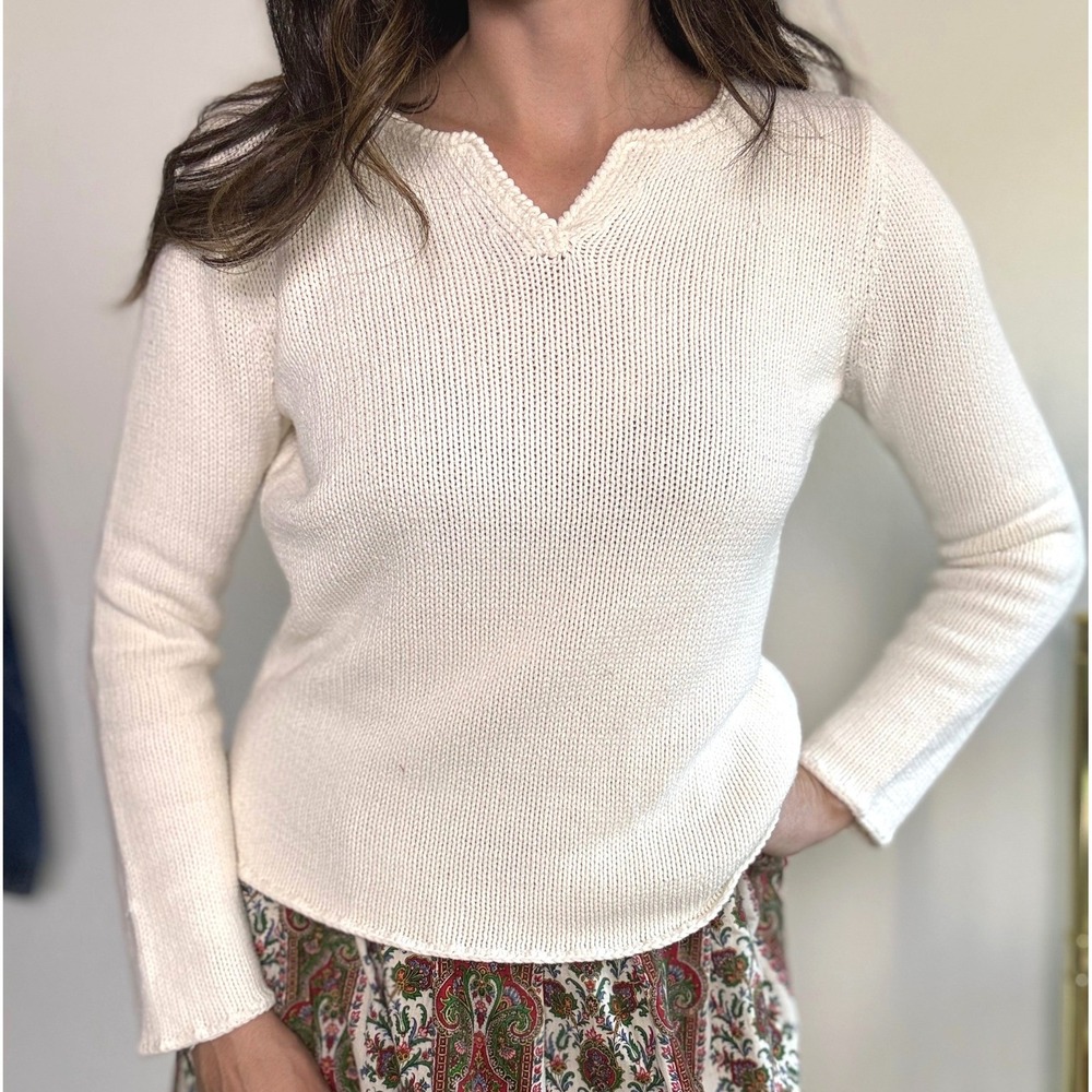 St Johns Bay Cream Cotton Shaker Knit Sweater, Medium | Coastal, Classic, Preppy